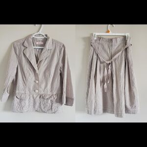 Laurel Grey White Pinstripe Cotton Silk Blend Blazer and Pleated Skirt Set Sz 10